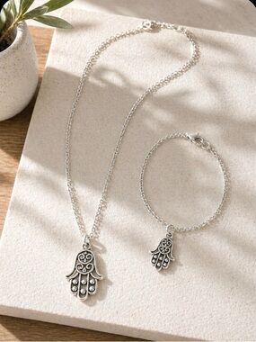 NWT Silver-tone Hamsa Hand Khamsa Fatima Necklace Bracelet Jewelry Set Eid خمسة